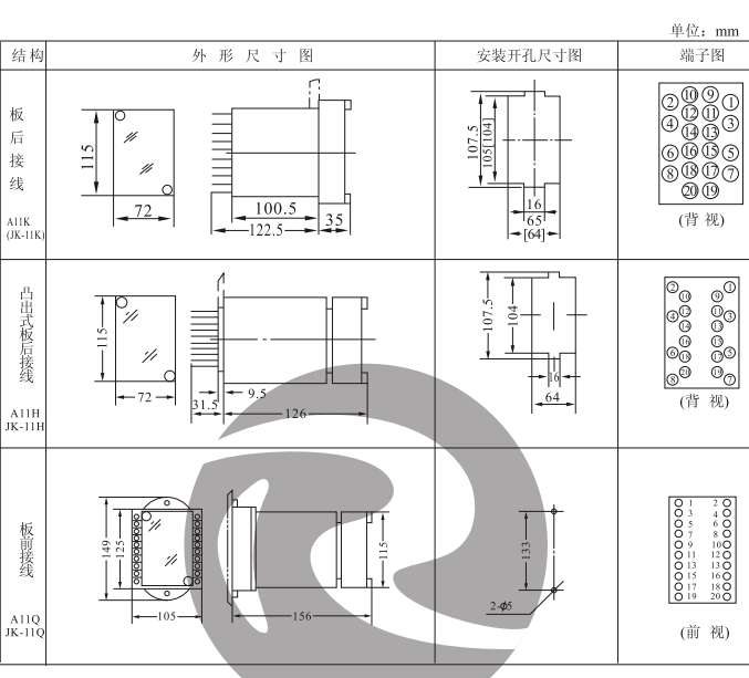 JZJ-211,JZY-211中間繼電器外形及安裝開(kāi)孔尺寸圖